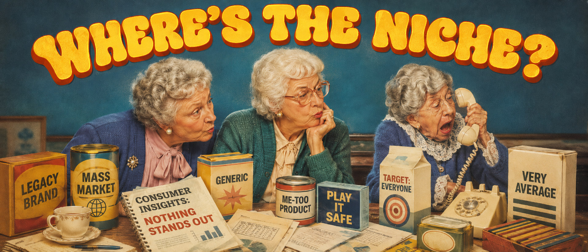 Where's the niche? — three women puzzling over a table of generic, mass-market and me-too products